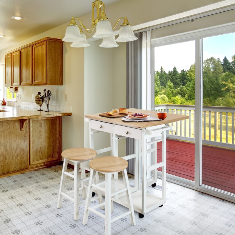 Breakfast Cart White Integrated Stool Storage Casual Farmhouse Style