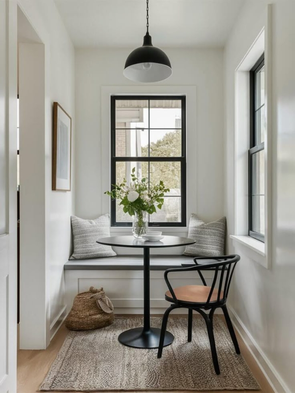 Breakfast Nook Black Pedestal Table Black Window Trim Grid Windows