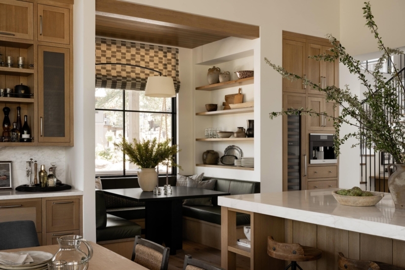 Breakfast Nook Checkered Roman Shade Integrated Wood Cabinetry