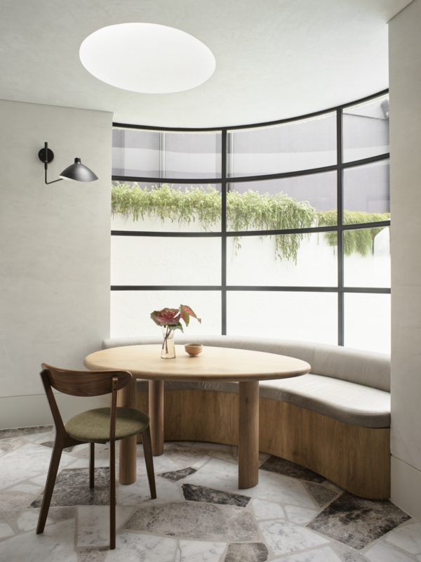 Breakfast Nook Curved Banquette Stone Mosaic Floor Organic Modern