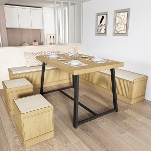 Breakfast Nook Set Ribbed Wood Light Oak Matte Black Corner Bench