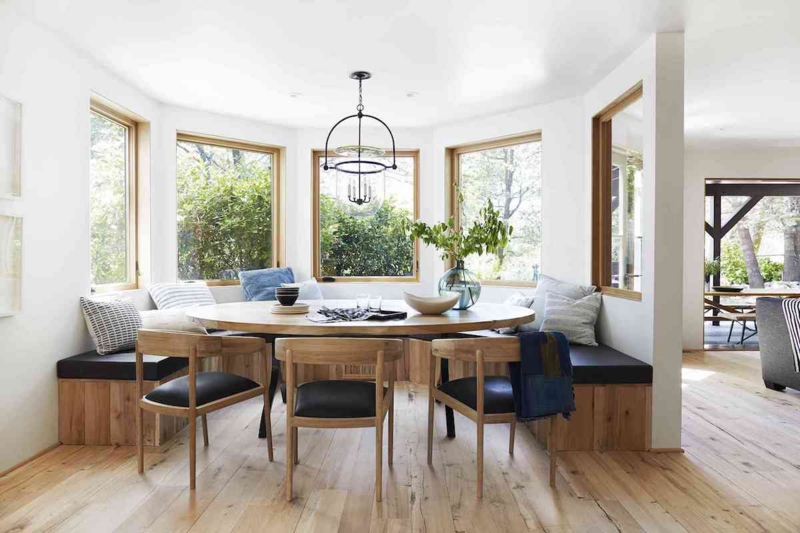 Breakfast Nook Set Round Wood Table Cage Chandelier Bay Window