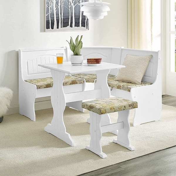 Breakfast Nook Set White Corner Dining Botanical Print Trestle Base