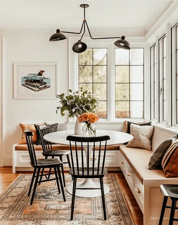 Breakfast Nook Set White Tulip Table Black Spindle Chairs Drawers