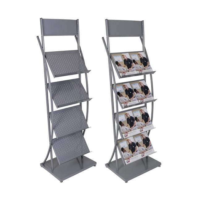 Brochure Stand with Curved Frame, Matte Gray Perforated 4-Tier Display
