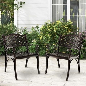 Bronze Cast Aluminum Dining Chairs, Lattice Weave Pattern, Scrolled Arms