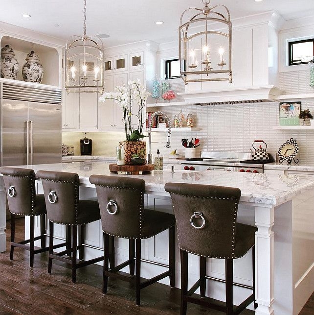 Brown Bar Stools with Ring Pull Silver Nailhead Trim Dark Wood Legs.