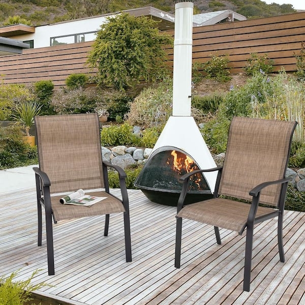 Brown Textilene Mesh Outdoor Dining Chairs with Matte Black Metal Frames