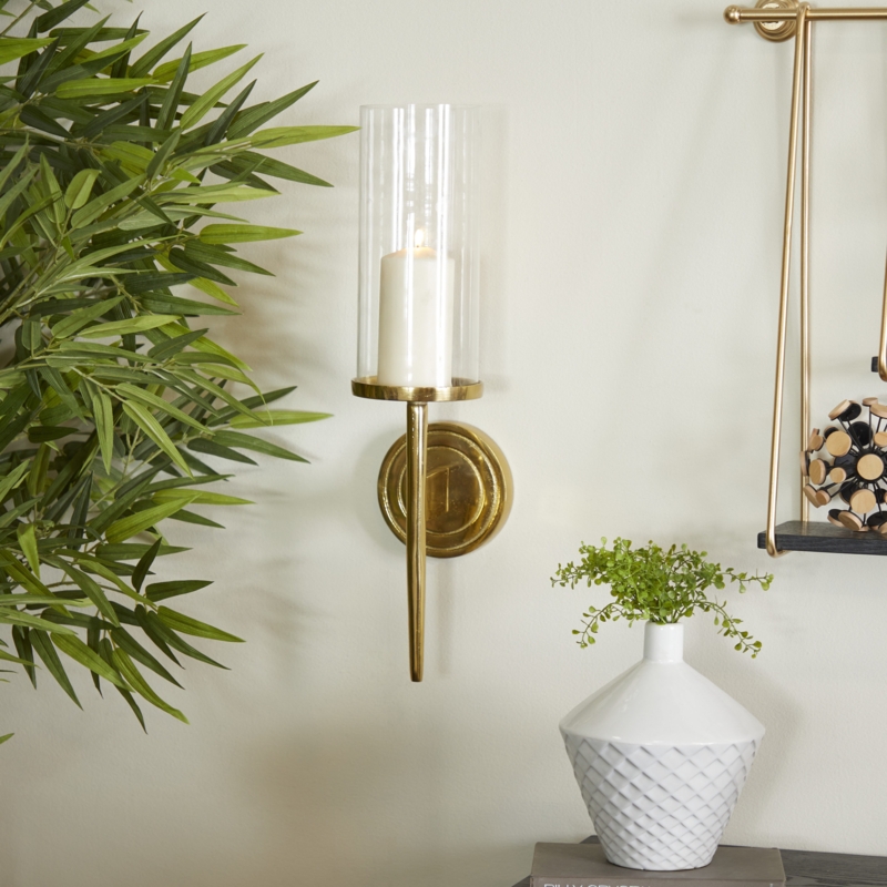 Brushed Gold Wall Sconce with Tapered Stem and Glass Hurricane