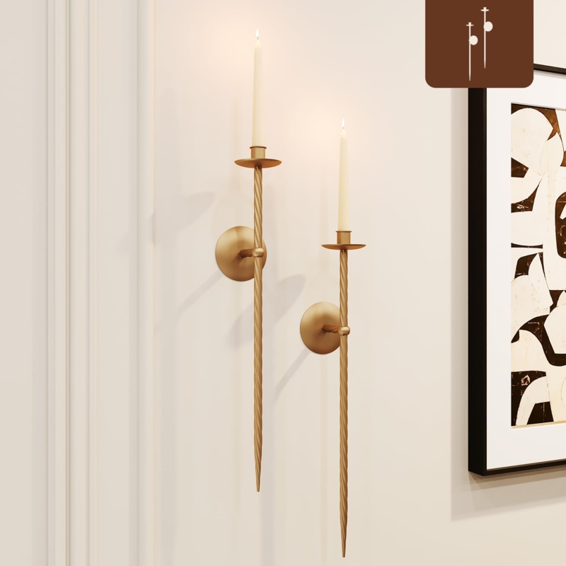 Brushed Gold Wall Sconces with Twisted Stem and Tapered Base
