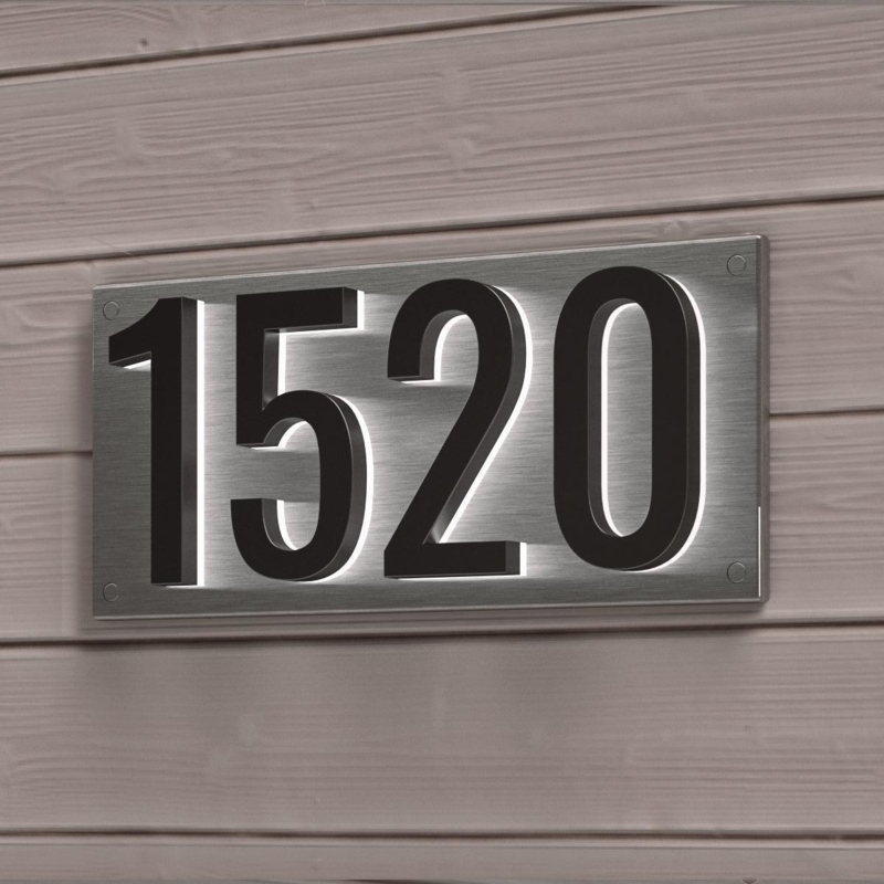 Brushed Metal Address Plaque, LED Halo Lit, Exposed Corner Fasteners