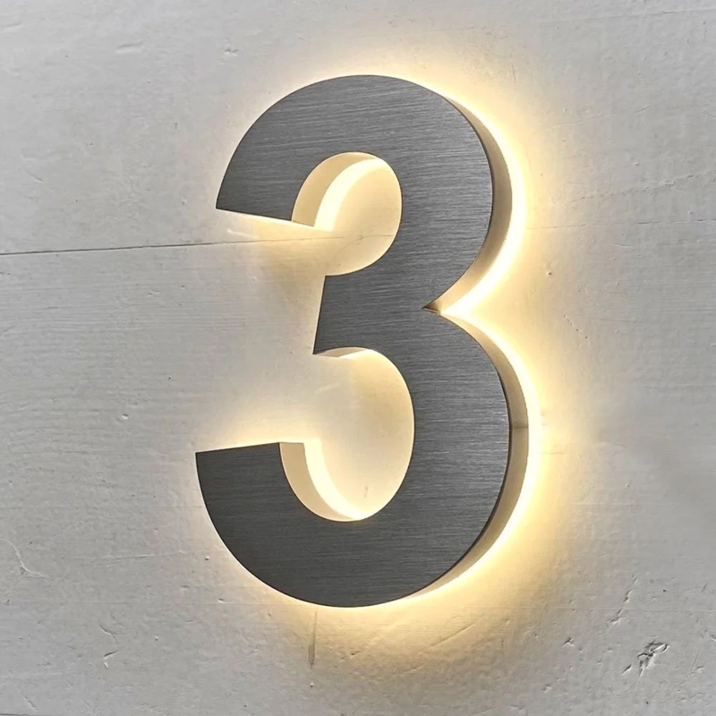 Brushed Silver Backlit House Number, Warm LED Halo Indirect Lighting