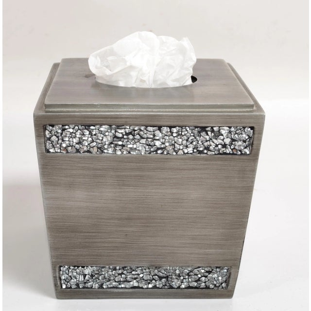 Brushed Silver Square Tissue Cover with Tiered Lid and Mirror Bands