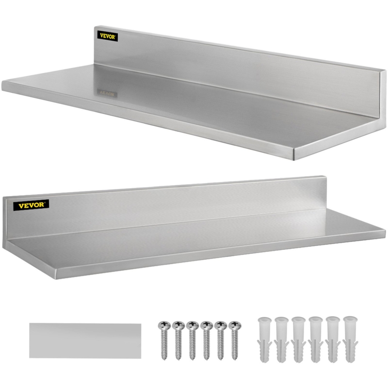 Brushed Stainless Steel Wall Shelves, Rounded Corners, Rear Backsplash
