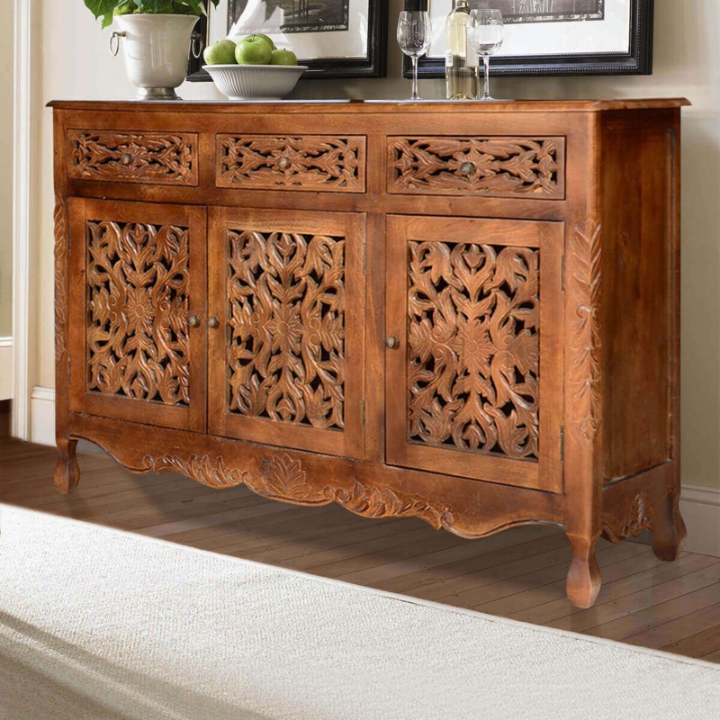Buffet Cabinet, Floral Carvings, Scalloped Apron, Rustic Mango Wood