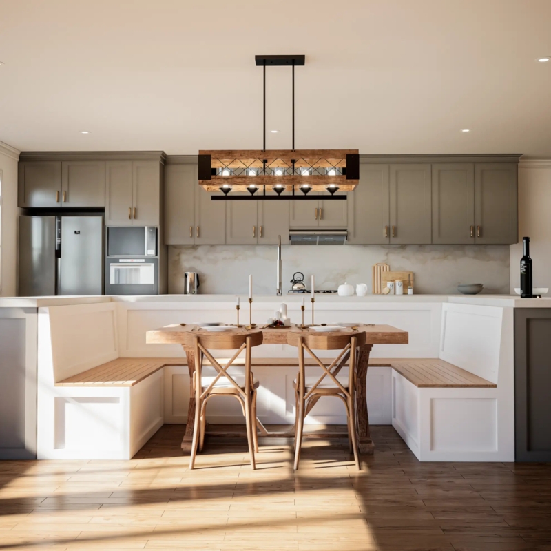 Built-In Banquette U-Shaped Seating Trestle Table Rustic Linear Light