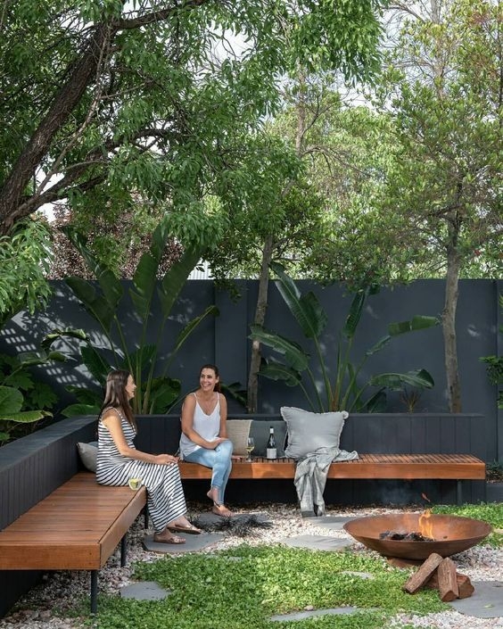 Built In Bench Corner Slatted Wood Floating Look Contemporary Garden