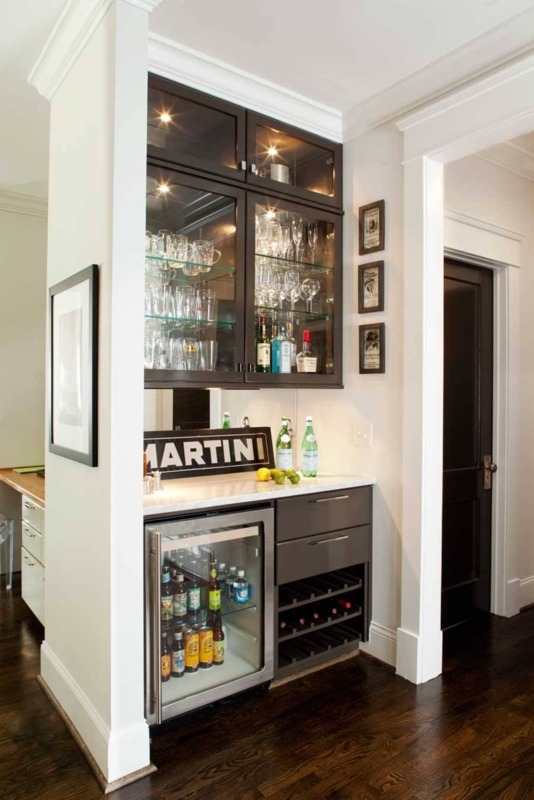Built-In Home Bar Charcoal Cabinets Beverage Fridge Glass Front