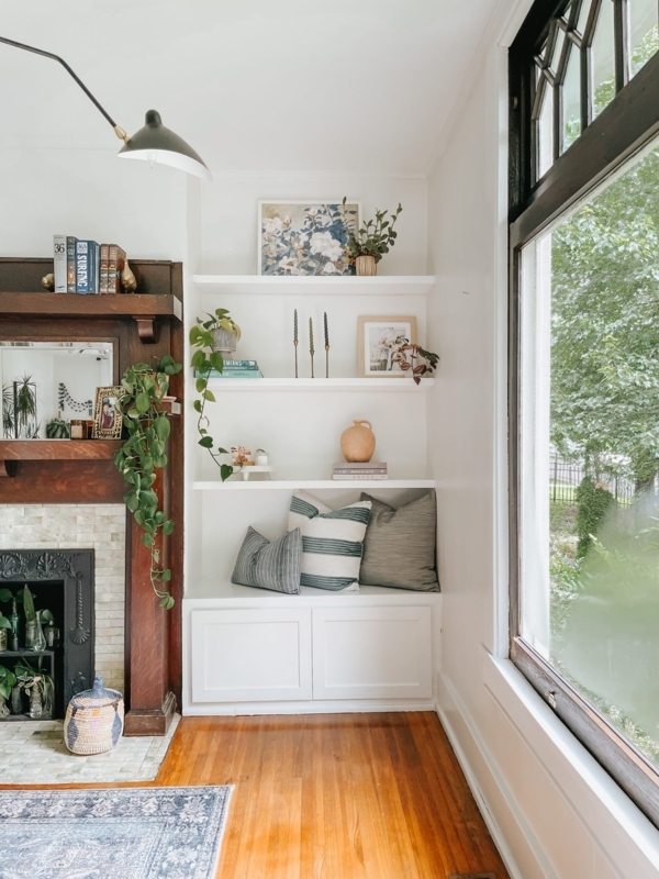 Built-In Shelving: Fireplace Niche with Shaker Cabinet Base, Off White