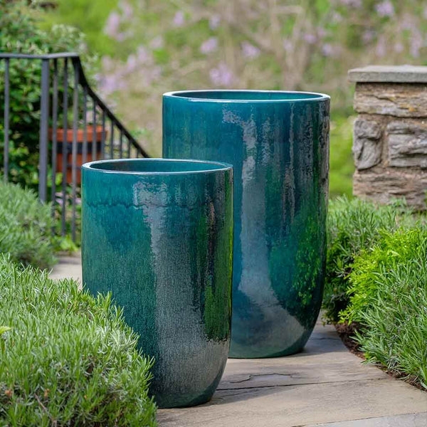 Bullet Planters Teal Blue Mottled Glaze Staggered Set