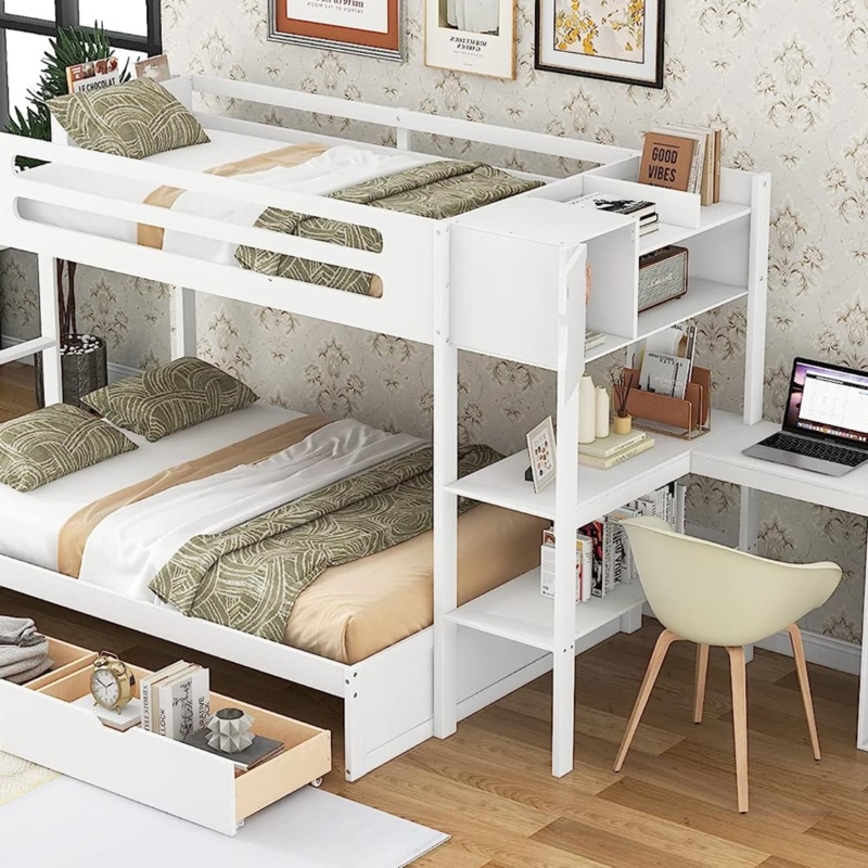 Bunk Bed Desk Combo Caster Wheels Storage, L-Shaped Desk Bed Combo