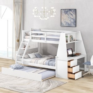 Bunk Bed Desk Combo Geometric Side Panel, Twin Over Full Trundle