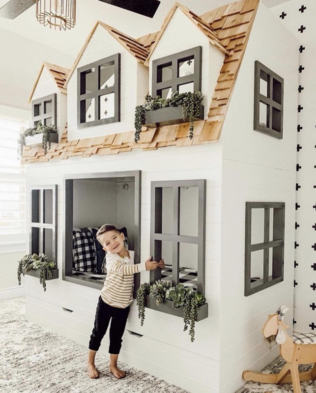 Bunk Bed Featuring Triple Gable Facade and Charcoal Grey Accents