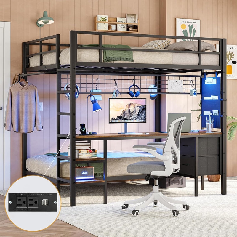 Bunk Bed Matte Black Wire Grid Organizer, Charging Station Loft Bed