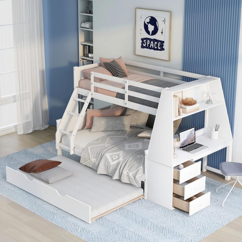Bunk Bed Pull-Out Trundle Integrated Desk, Twin Over Full Trundle Bed