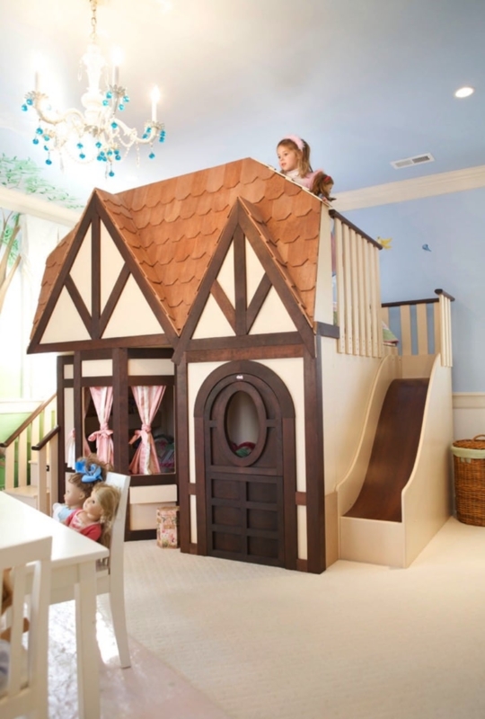 Bunk Bed with Shingle Texture Roof and Walnut Brown Finish