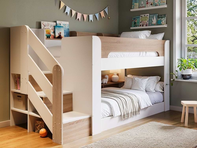 Bunk Bed with Stairs White and Wood Tone Scandinavian Storage
