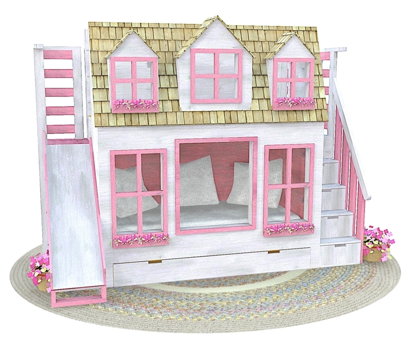 Bunk Bed with Whitewashed Finish, Slide, and Flower Boxes