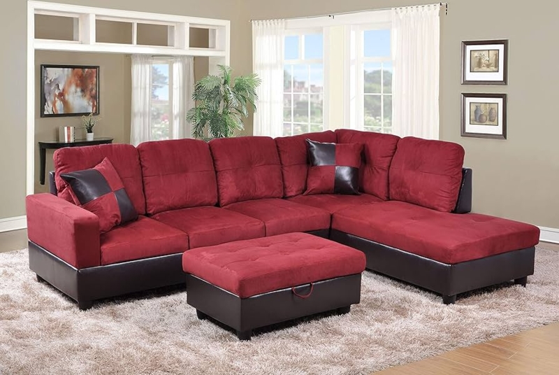 Burgundy Microfiber L-Shaped Sectional with Storage Ottoman and Checkered Pillows