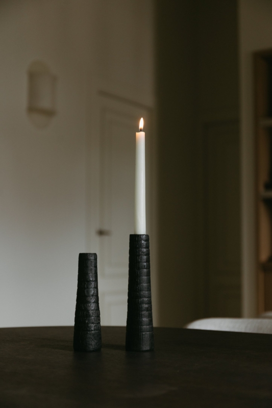 Burnt Wood Candle Holder Charred Finish, Textured Ribbed Detailing