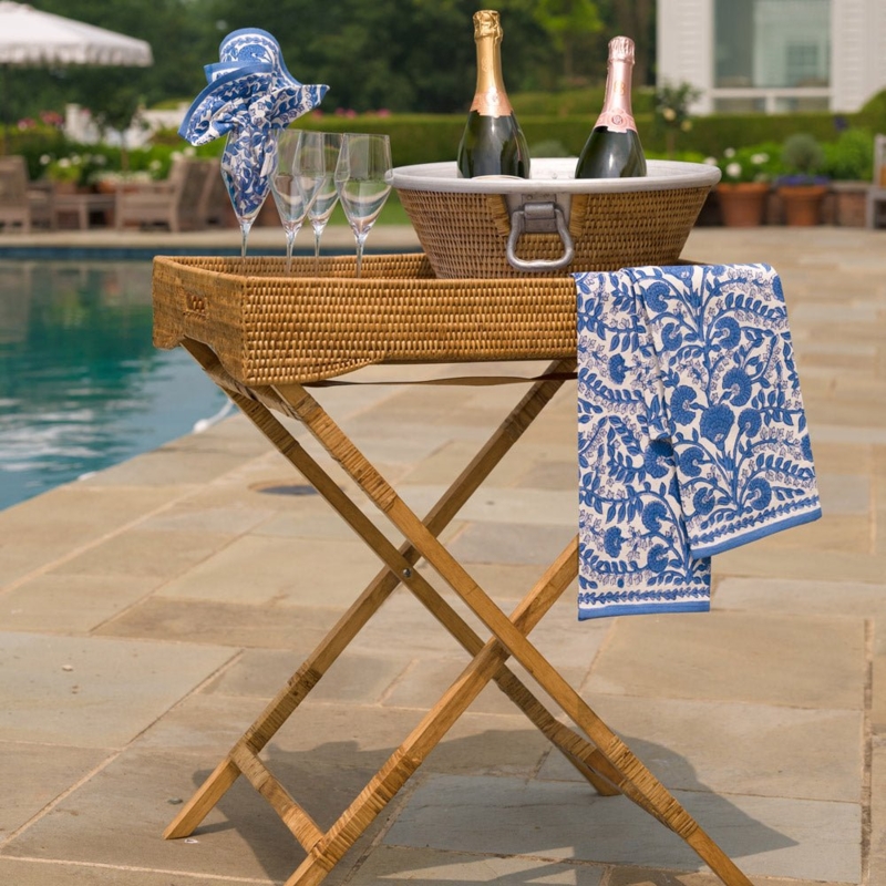 Butler Tray Rattan Woven Stand with Matching Ice Bucket Coastal
