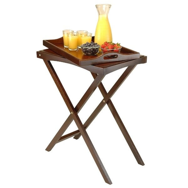 Butler Tray Table Dark Walnut Folding X-Frame Raised Lip Edge
