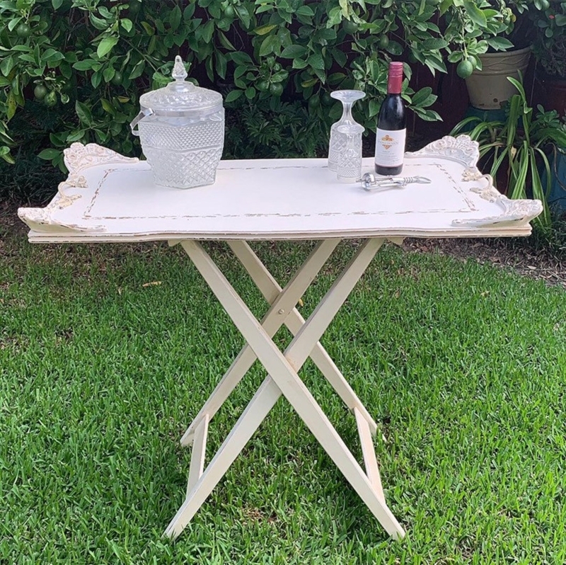 Butler Tray Table Distressed White French Provincial Scalloped Edge