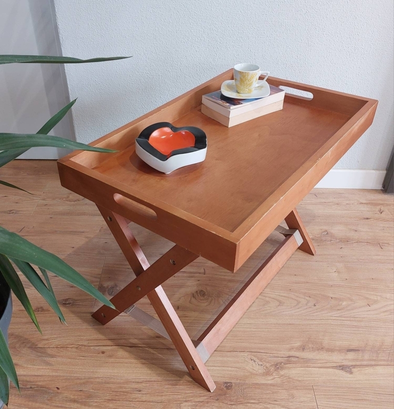 Butler Tray Table Mid-Century Modern Warm Amber Folding Stand