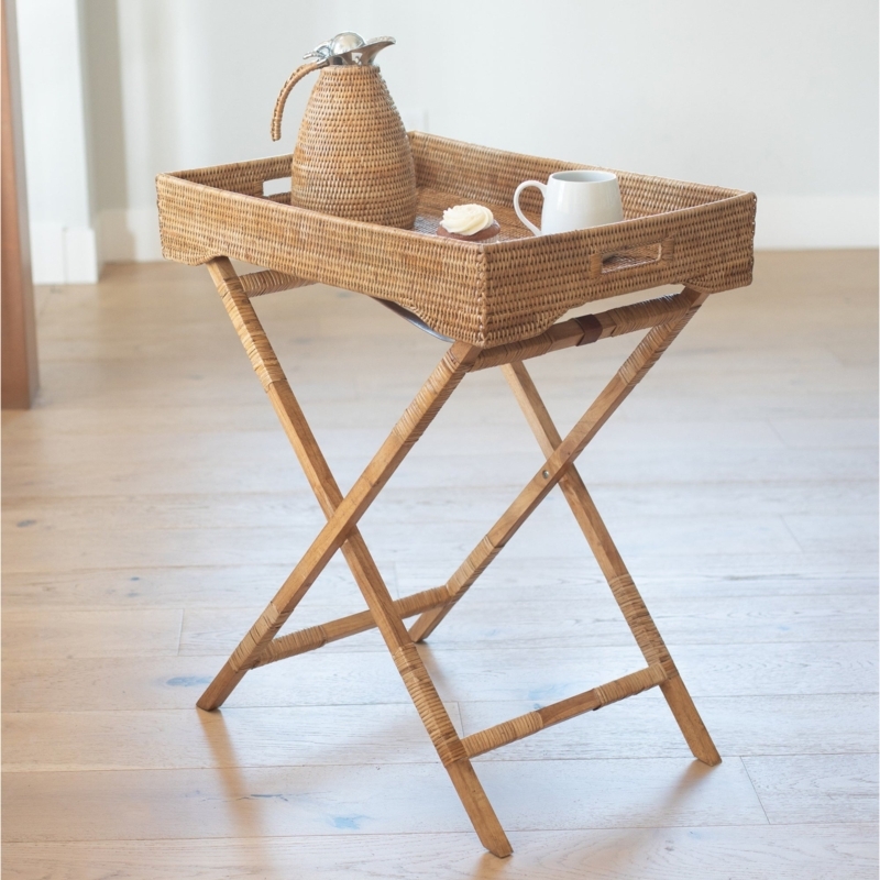 Butler Tray Woven Rattan Folding X-Base Leather Strap Detail