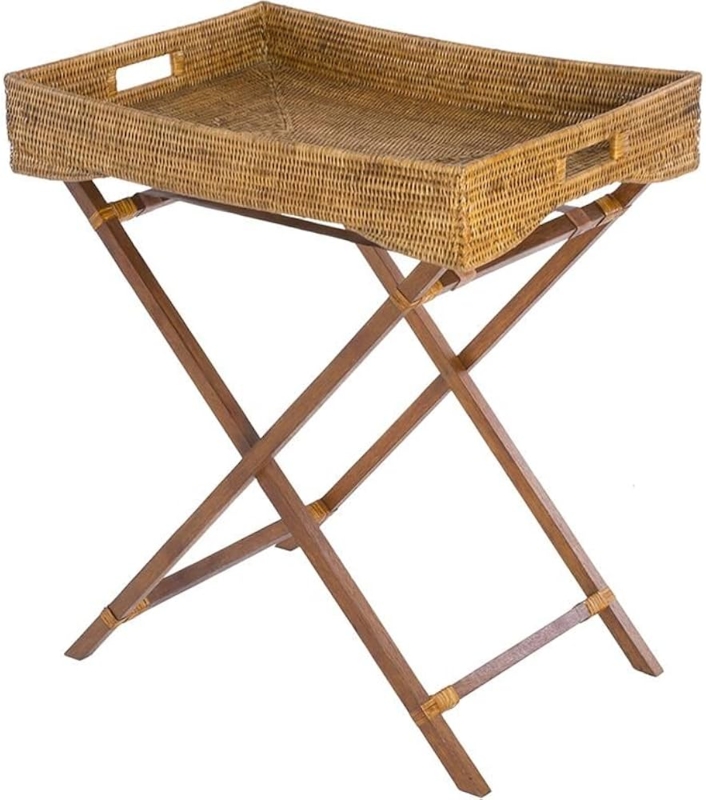 Butler Tray Woven Rattan Honey Brown Folding Wood Stand Coastal