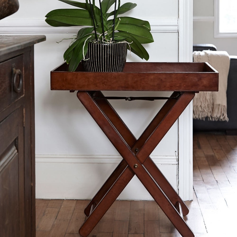 Butlers Tray Table Cognac Brown Leather-Like Folding Top-Stitched