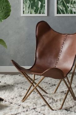Butterfly Chair Cognac Brown Faux Leather with Whipstitch Detail