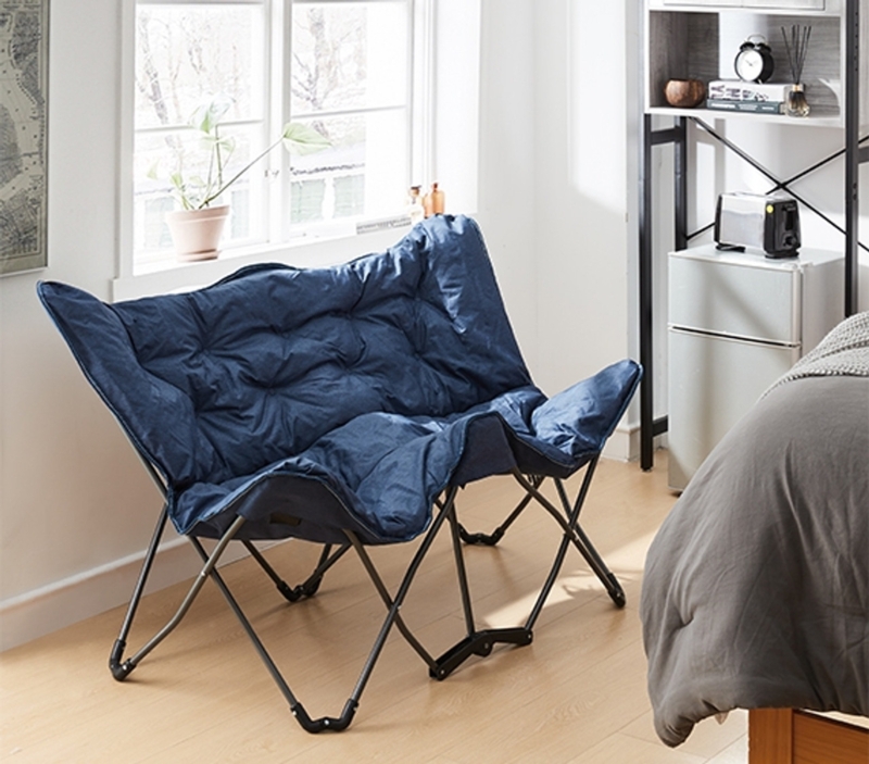 Butterfly Chair Heathered Navy Double Wide Tufted Folding Seat