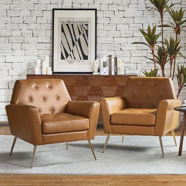 Button Tufted Armchair Set with Gold Tapered Legs