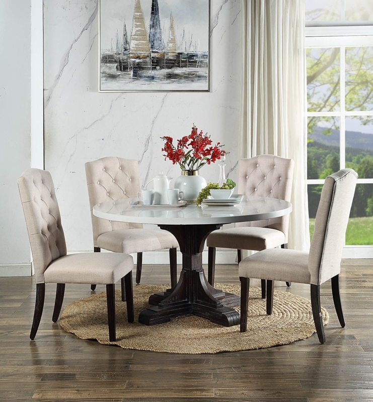 Button Tufted Dining Set Round Marble Top with Warm Beige Chairs