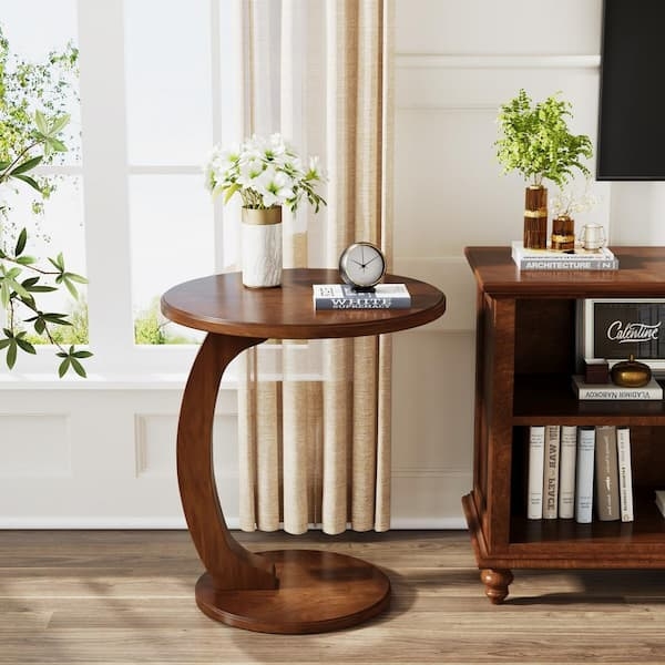 C-Shaped End Table with Curved Support and Round Walnut Top