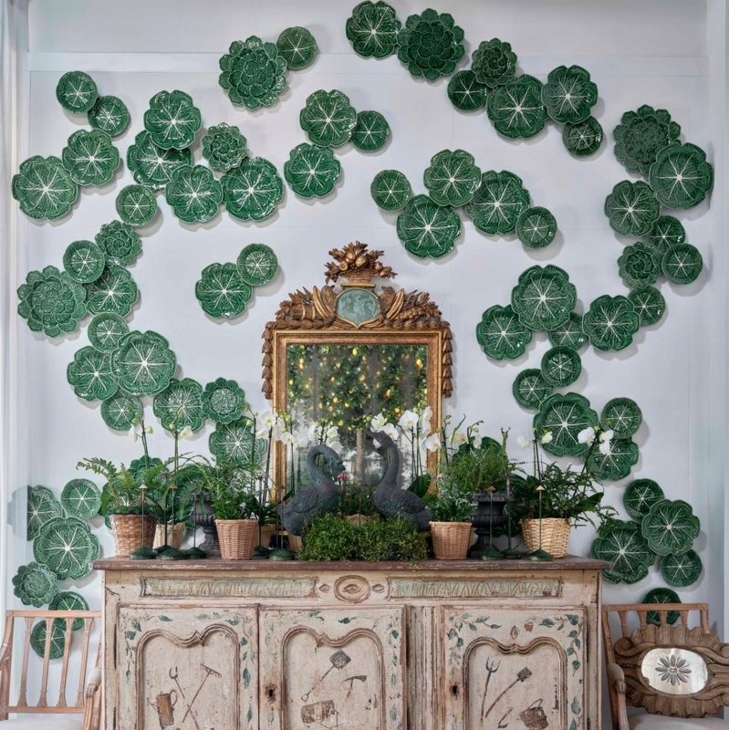 Cabbage Leaf Plates Organic Gallery Wall above Distressed Painted Buffet
