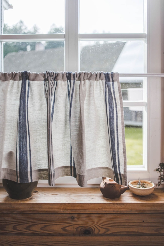Cafe Curtain Navy Blue Vertical Stripes Gathered Header French Country