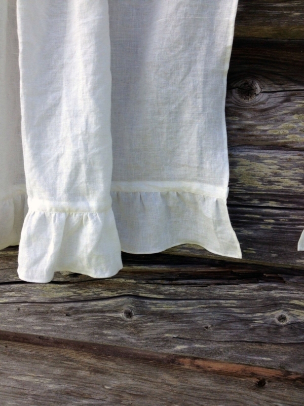Cafe Curtain Ruffled Hem Crisp White Linen Texture French Country