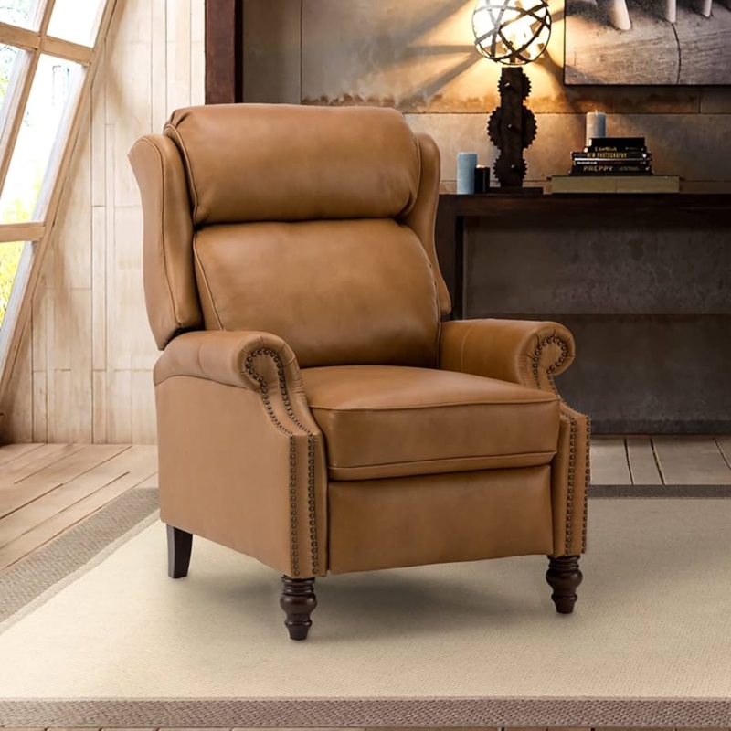Camel Pushback Recliner with Wingback Silhouette and Nailheads